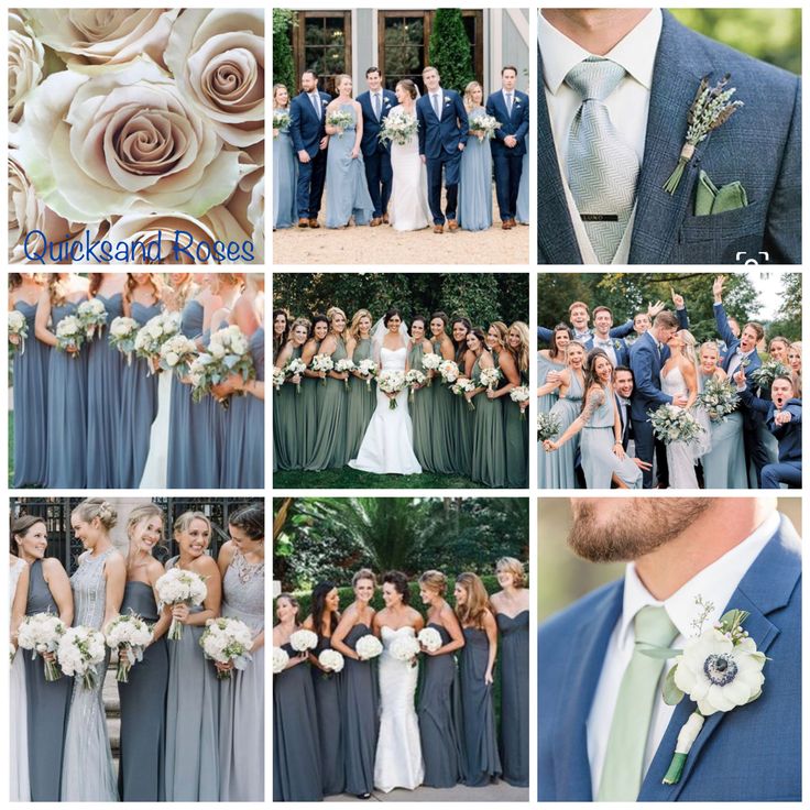 a collage of photos showing different people in formal wear and wedding attire, including bridesmaid's bouquets