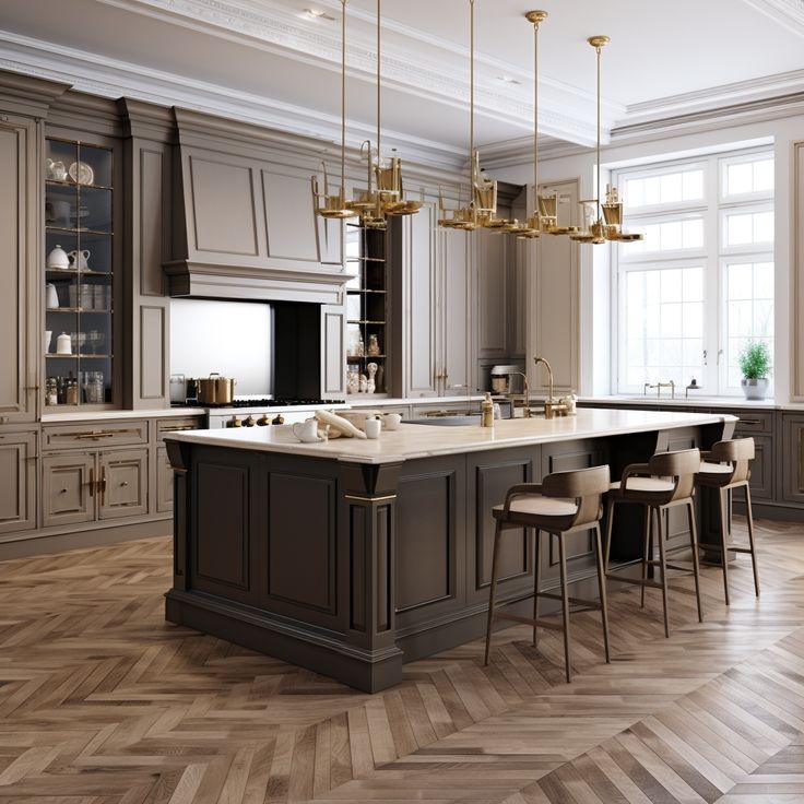 a large kitchen with wooden floors and an island in the middle, surrounded by chairs