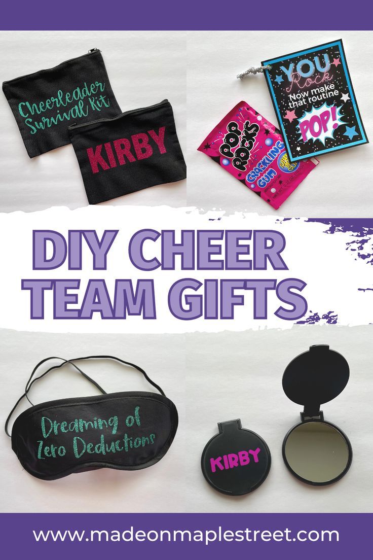 the diy cheer team gifts are on display for everyone to get in their bag