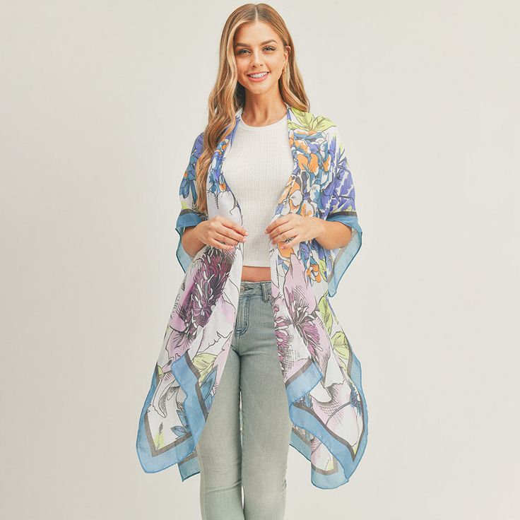 Size : 35" X 36" Material : 100% Polyester Cover Up Kimono, Navy Flowers, Bling Necklace, Loop Earrings, Flower Print, Flower Prints, Amazing Jewelry, Lowest Price, Beautiful Necklaces