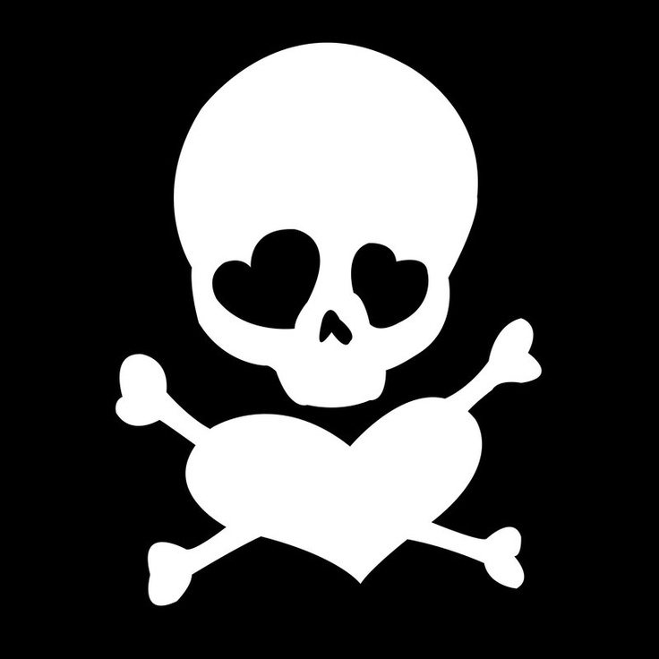 a skull and crossbones with hearts in the shape of a heart on a black background