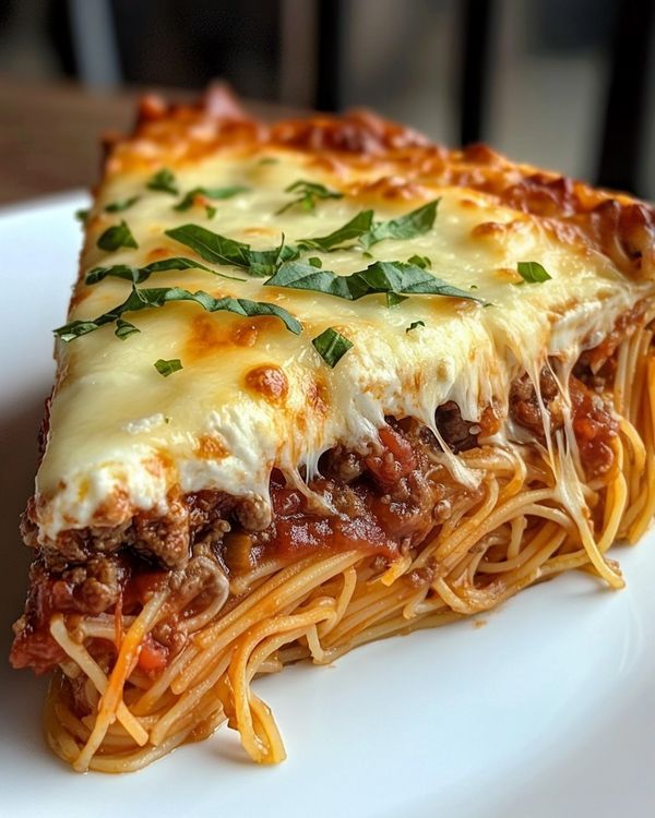 a slice of lasagna with meat and cheese on a white plate, ready to be eaten