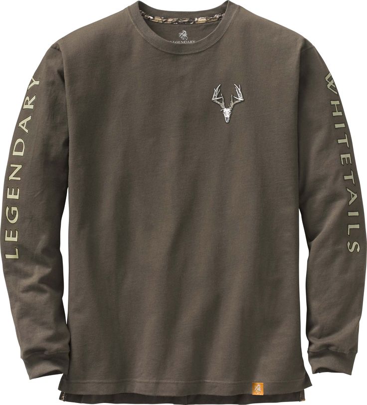 The best, most comfortable long sleeve tee you can buy. Built with Legendary style. 100% preshrunk heavyweight cotton with seamless ribbed collar, set-in sleeves and relaxed cuff. Detailed with Big Game Camo fabric inside the neck and side vents. Graphics on both sleeves and left chest. Men's Graphic Tee, Tates Shirt, Long Sleeve T Shirts, Country Boy Gifts For Men, Country Shirts For Men, Mens Long Sleeve Shirts, Long Sleeve T-shirt, Long Sleeve Tee, Long Sleeve Shirts Men