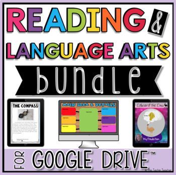 reading and language arts bundle for google drive with text overlaying the image in purple