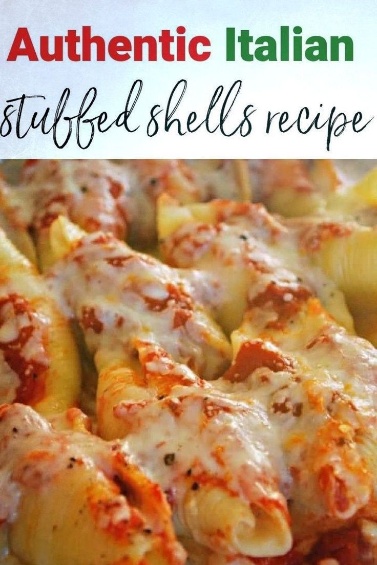 a plate full of stuffed shells with cheese and sauce on top, next to the words authentic italian stuffed shells recipe