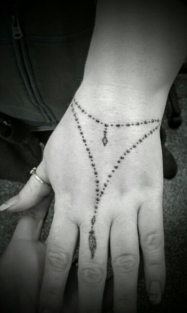 a woman's hand with a rosary tattoo on it