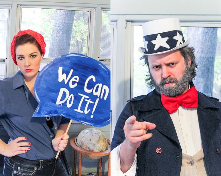 two people dressed in costumes holding signs that say we can do it and one is wearing a top hat