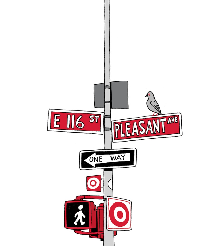 a pole with several street signs and a bird sitting on top of the one way sign