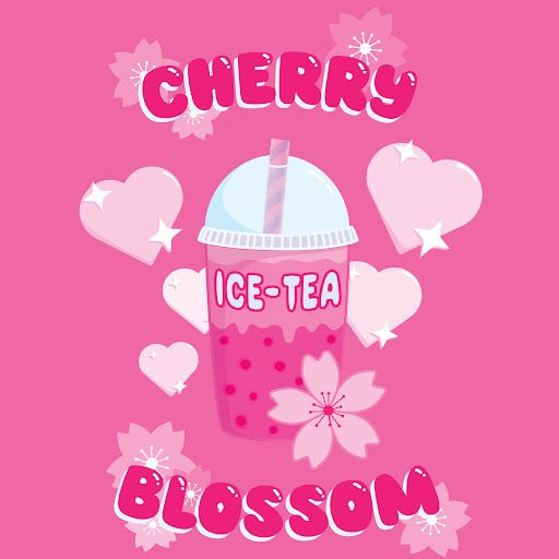 a pink drink with hearts and the words cherry ice - tea blossom