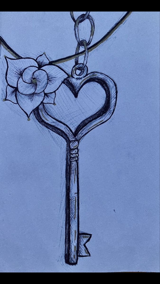 Drawing of a heart key and flower Lock Sketch Drawings, Lock And Key Drawing Sketches, Hole In Heart Drawing, Key And Lock Drawing, Heart Drawings Love, Key To My Heart Drawing, Heart Lock Drawing, Key Hole Drawing, Key Drawing Simple