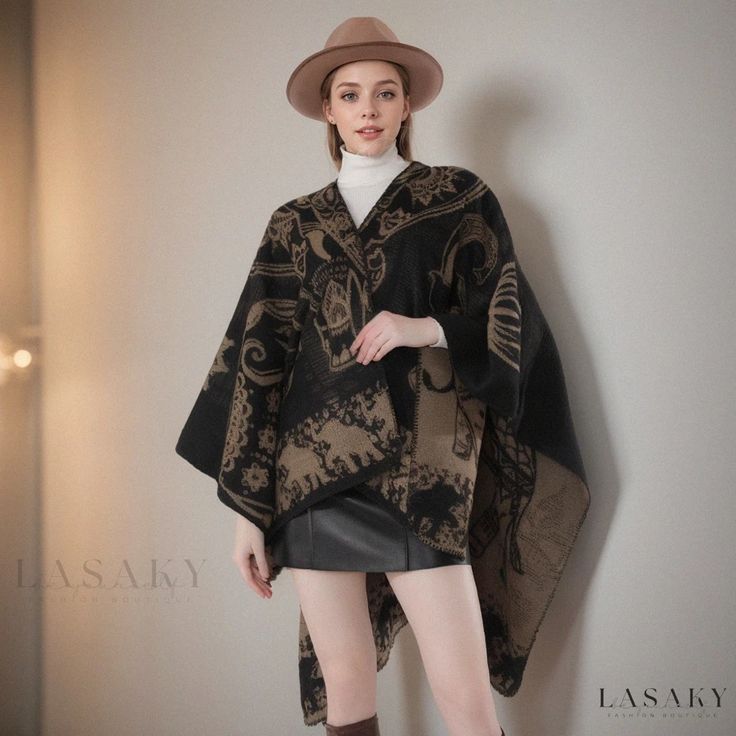 Lasaky - Elephant Patterned Travel Shawl Cape for Warmth and Style Cape For Women, Short Blouses, Pullover Outfit, Elephant Pattern, Sleeveless Vest, Black And White Colour, Knitted Tank Top, Knit Tanks, Ladies Tops Fashion