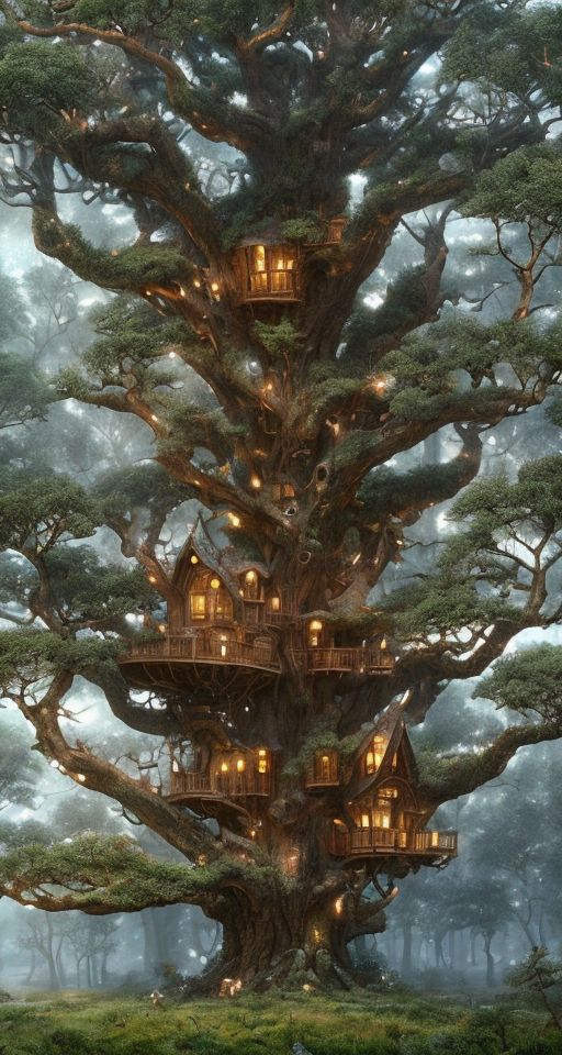 a tree house built into the trunk of a large tree with lots of lights on it