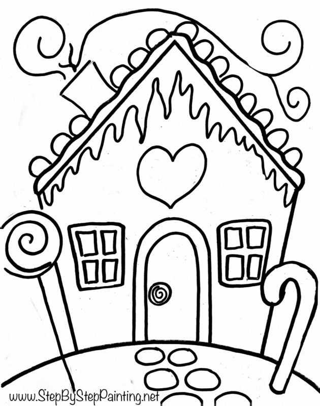 a house with a heart on the roof and trees around it, coloring pages for kids