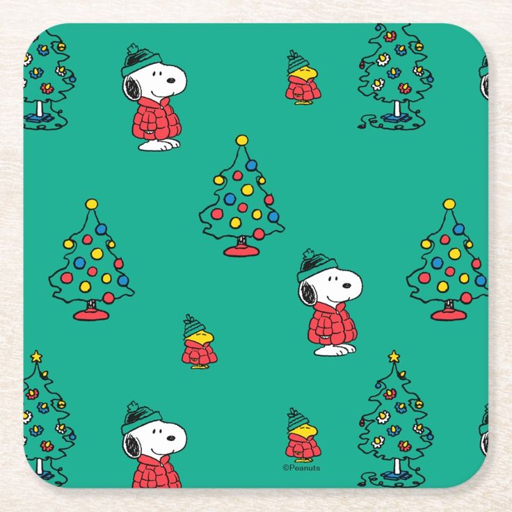 snoopy and christmas trees on green coasters