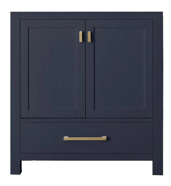 an image of a blue cabinet with gold handles and drawers on the bottom half of it