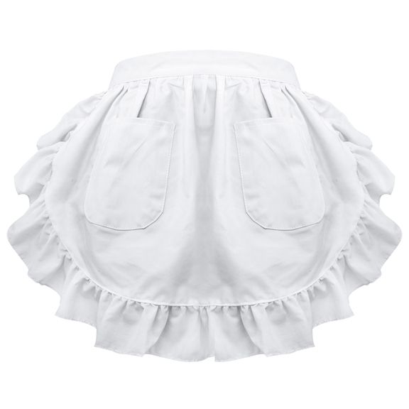 a white skirt with ruffles on the bottom and pockets at the waist,