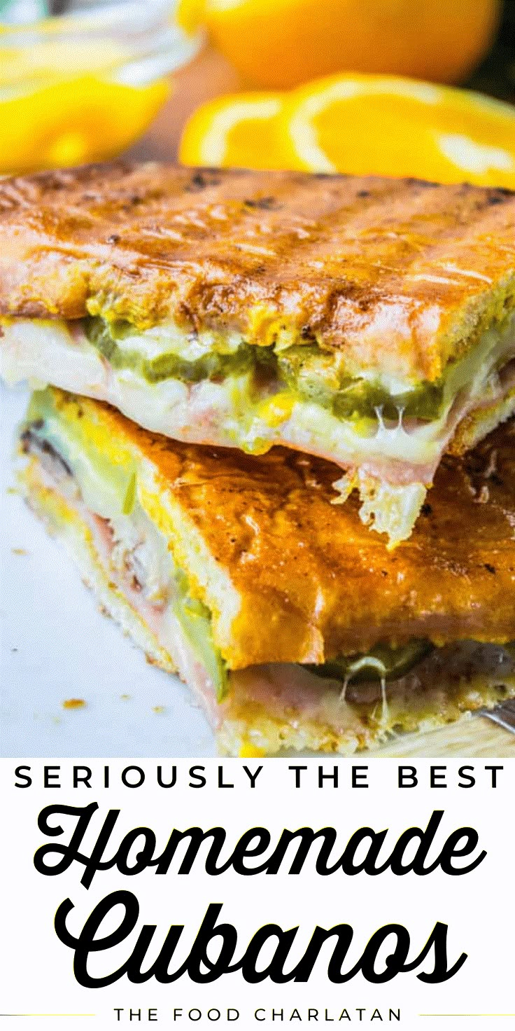 two grilled sandwiches on a plate with lemons in the background and text overlay reads seriously the best homemade cubanos