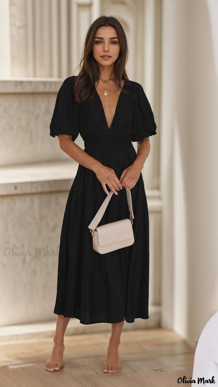 Olivia Mark - Solid Color Bubble Sleeve Maxi Dress Dress Collar, Basic Skirt, Off Shoulder Fashion, Black Short Dress, Bubble Sleeve, Sleeves Clothing, Silk Maxi Dress, Sleeve Maxi Dress, Mermaid Fashion