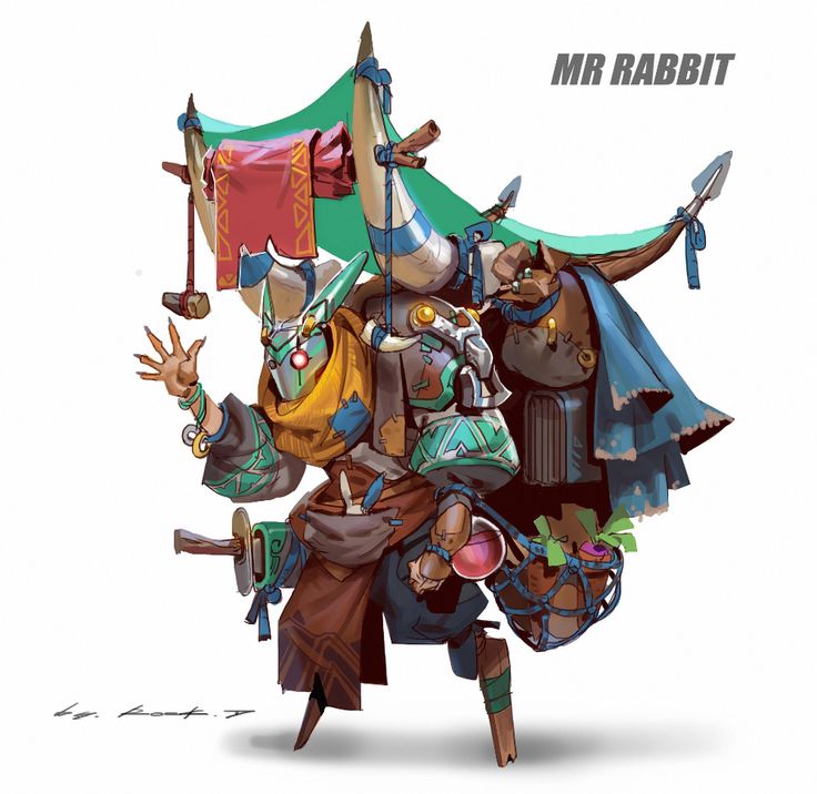 an image of a cartoon character with many things in his hand and the words mr rabbit above it