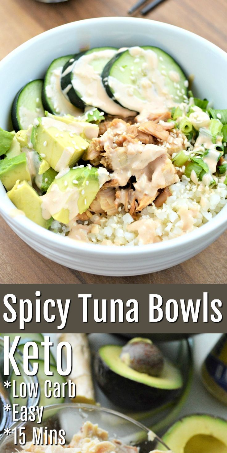 this is an image of spicy tuna bowls with rice and avocado in it