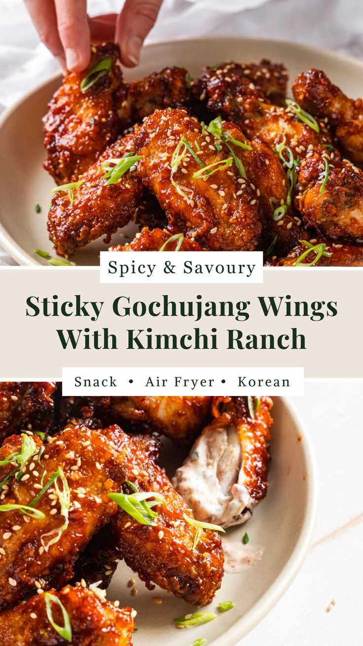 spicy and savory sticky gochuang wings with kimchi ranch