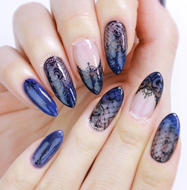 Black And Blue Nails, Lace Nail Art, Witchy Nails, Art Deco Nails, Punk Nails, Lace Nails, Anime Nails, Blue Nail Art, Art Watch