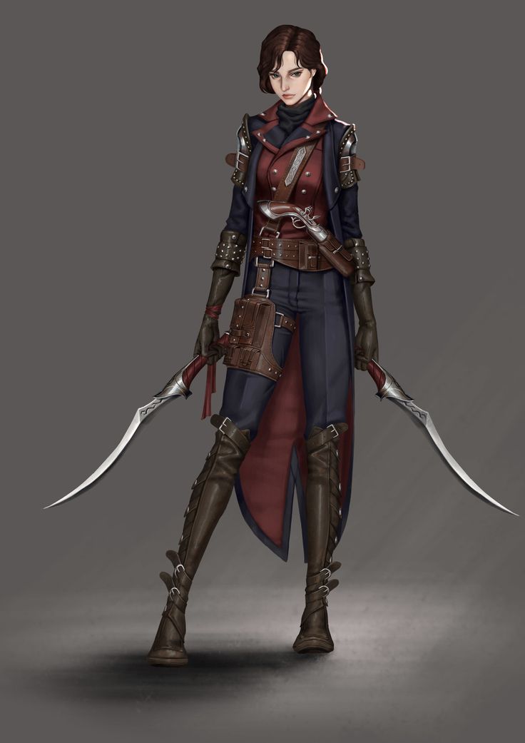 a woman with two swords standing in front of a gray background and wearing an outfit