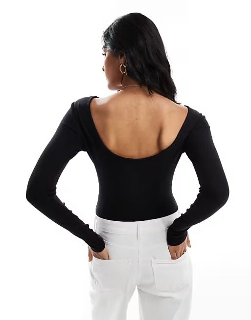 Cotton On staple rib open back bodysuit in black | ASOS Chic Second-skin Bodysuit With Scoop Back, Backless Bodysuit With Cutout Back, Backless Fitted Bodysuit For Date Night, Fitted Backless Bodysuit For Date Night, Fitted Black Bodysuit With Scoop Back, Black Fitted Bodysuit With Scoop Back, Chic Stretch Bodysuit With Scoop Back, Scoop Neck Bodysuit For Night Out, Stretch Backless Bodysuit For Date Night