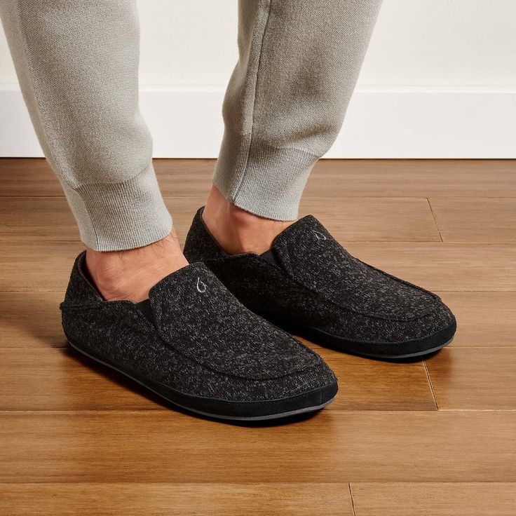 Moloā Hulu Men’s Wool Slippers - Black | OluKai Hale House, I House, Leather Slippers For Men, Mens Slip On Shoes, Shearling Slippers, Wool Slippers, Leather Slip On Shoes, Leather Slippers, House Shoes