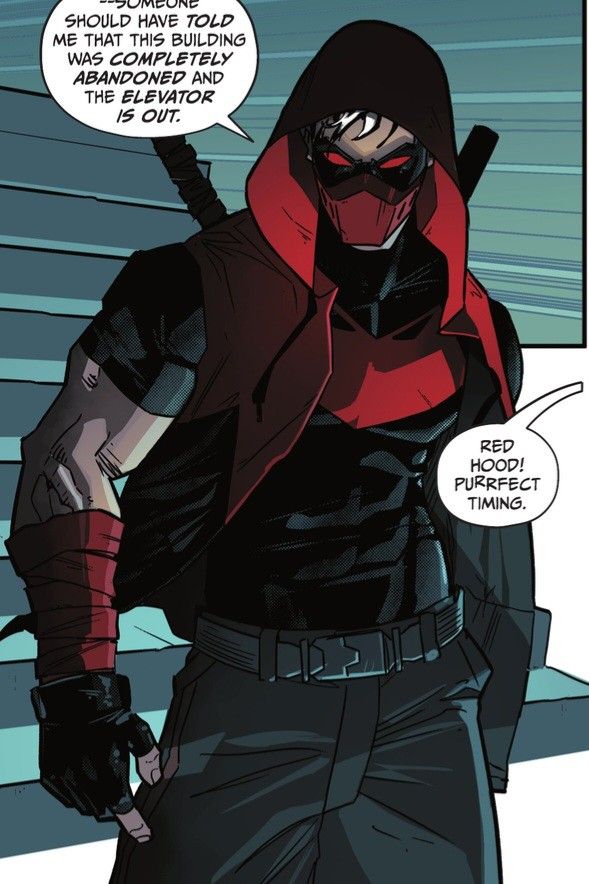 a comic character with a red hood and black gloves