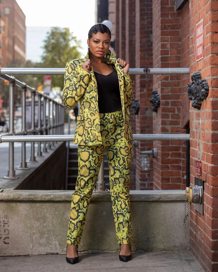 Statement piece suit Model is wearing a SMALL. Gold Fitted Suits For Spring, Yellow Fitted Blazer For Work, Casual Yellow Sets For Party, Casual Fitted Yellow Sets, Yellow Notch Lapel Suits For Work, Yellow Notch Lapel Suit For Work, Fitted Yellow Suits For Workwear, Fitted Yellow Suits For Parties, Yellow Pantsuit For Spring Workwear