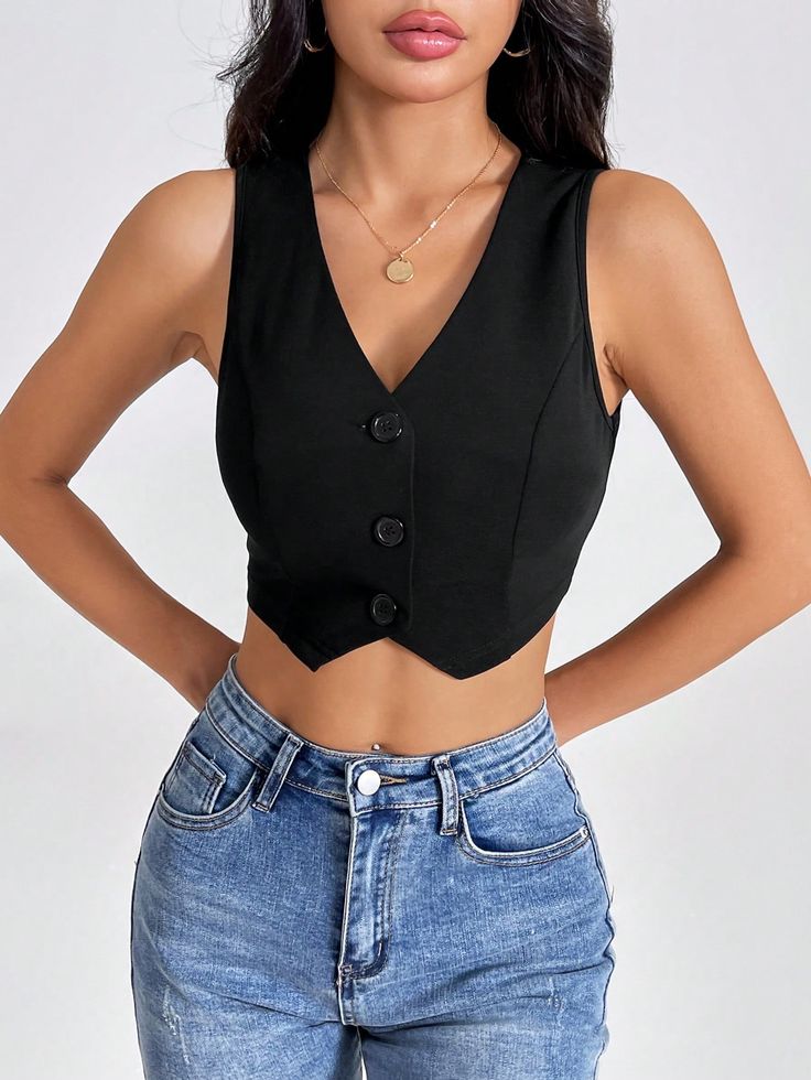 Summer Black Crop Top , Solid Button Front Crop Waistcoat Black Casual  Sleeveless Knitted Fabric Plain vest Non-Stretch  Women Clothing, size features are:Bust: ,Length: ,Sleeve Length: Crop Waistcoat, Cropped Waistcoat, Plain Vest, Vest Crop Top, Lightweight Blazer, Cropped Vest, Black Crop Top, Cropped Tops, Summer Tank