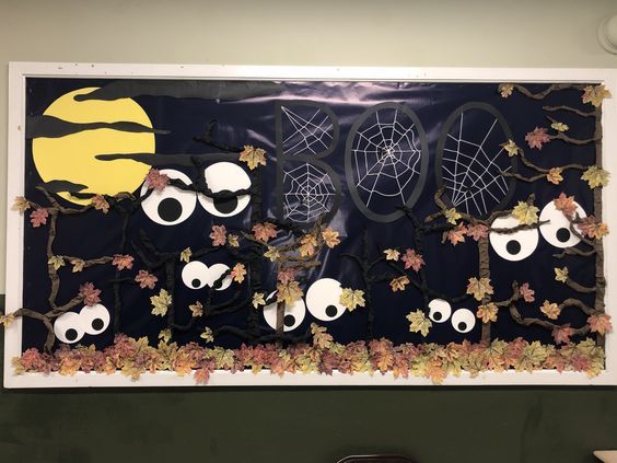 an image of halloween decorations on display in the window frame with eyes and spider webs