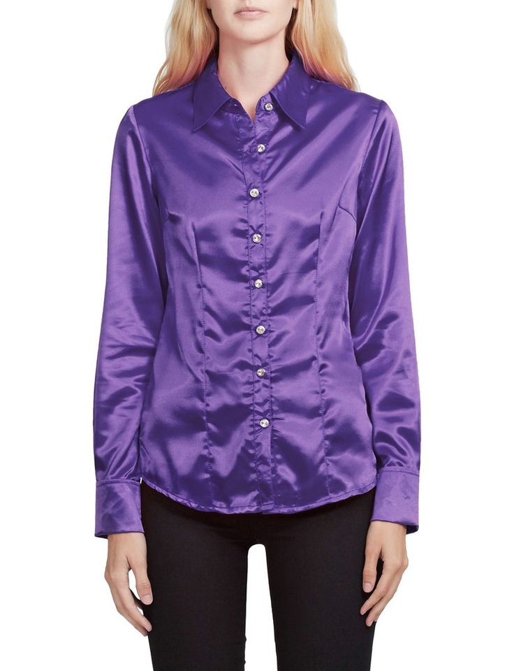 LE3NO Womens Long Sleeve Satin Blouse with Cuffs Elegant Long Sleeve Stretch Blouse, Fitted Satin Top With Button Closure, Purple Long Sleeve Evening Blouse, Glamorous Fitted Office Tops, Fitted Satin Blouse For Fall, Long Sleeve Blouse With Button Closure For Party, Fitted Satin Tops For Workwear, Classic Fitted Satin Blouse, Long Sleeve Satin Blouse For Office