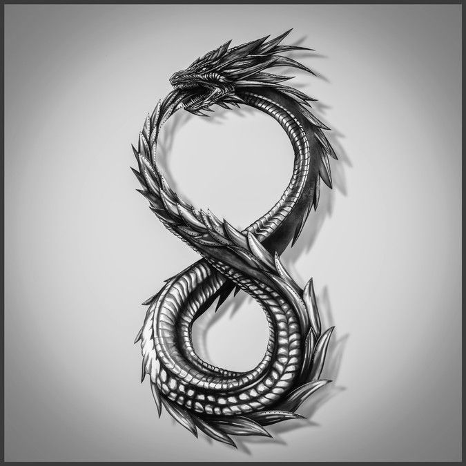 a black and white photo of a dragon with its tail curled in the shape of an eight