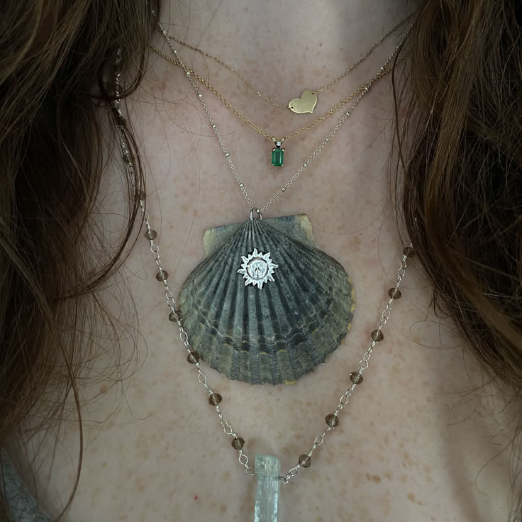 Natural gray scallop shell w silver brass sun face on sterling silver chain Dark Mermaidcore, Siren Accessories, Siren Necklace Aesthetic, Summer Ocean-inspired Shell Necklace, Mermaid Necklace Aesthetic, Mermaidcore Necklace, Adjustable Ocean-inspired Shell Necklace, Handmade Mermaid-shaped Ocean-inspired Necklaces, Sea Jewelry