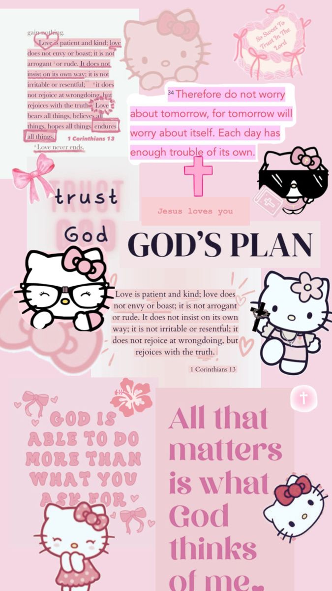 a pink poster with hello kitty on it's back and the words god's plan