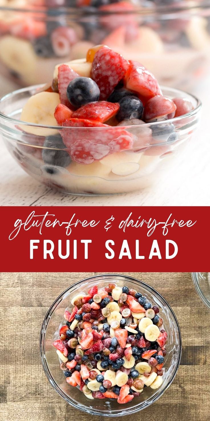 fruit salad in a glass bowl on top of a wooden table with text overlay