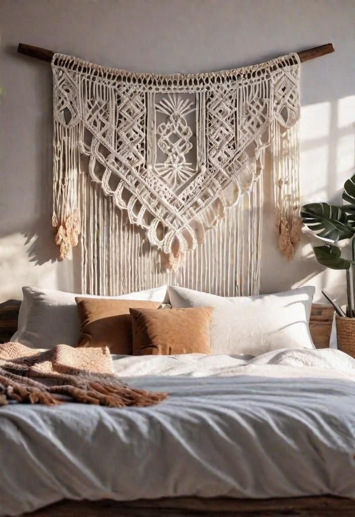 a bed with white sheets and pillows in a room next to a plant on the wall