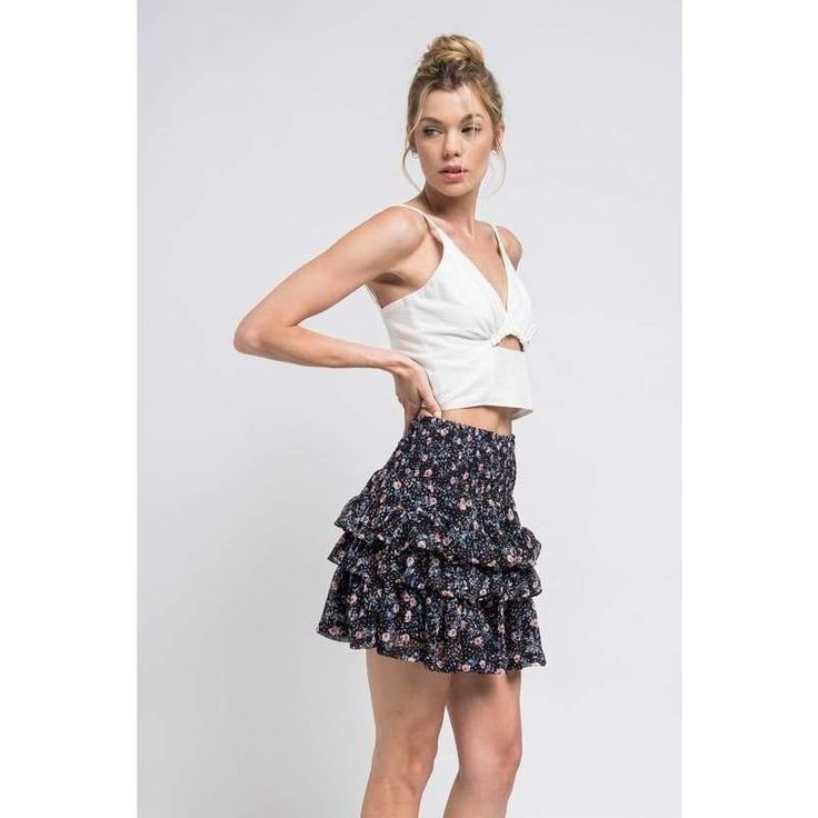 You and this Black Floral Ruffled Mini Skirt make a perfect pair! Lightweight woven fabric shapes a high-waisted, A-line silhouette, a smocked stretchy waistband and a tiered skirt with a flirty mini hem and ruffle accents. 100% Rayon Size+Fit: (All measurements are approximate and taken unstretched)-Fits true to size-Smocked waist has a lot of room for stretch-Size S: Length 16"-Size M: Length 17"-Size L: Length 18" Ruffled Mini Skirt, Tiered Skirt, Black Floral, Skater Skirt, Perfect Pair, Woven Fabric, Mini Skirt, Ballet Skirt, A Line