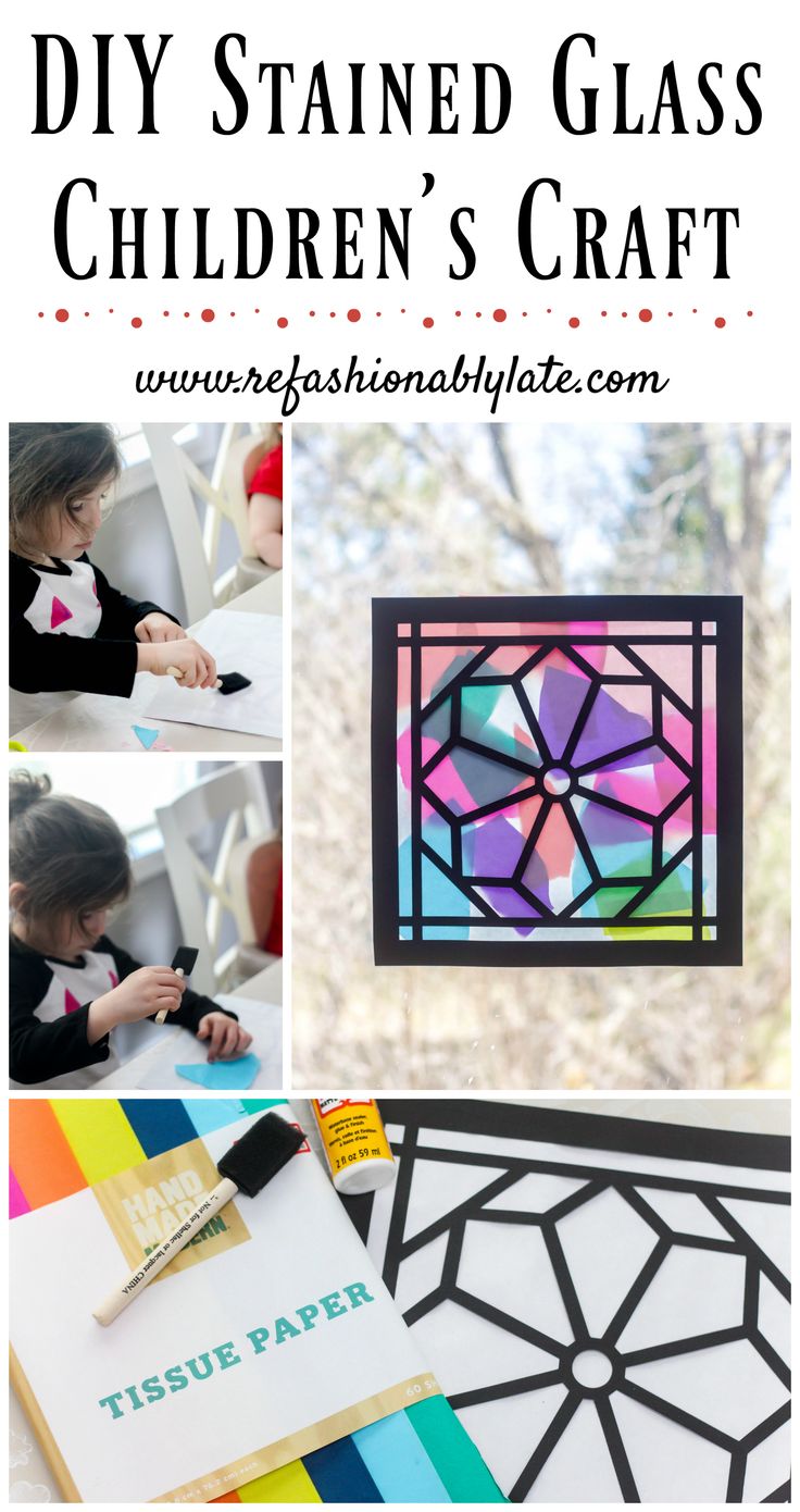 stained glass children's craft with text overlay that reads diy stained glass children's craft