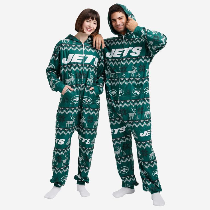 New York Jets Ugly Pattern One Piece Pajamas FOCO - FOCO.com Womens Pjs, Football Sunday, Matching Christmas Pajamas, Nfl Teams Logos, Christmas Pajama Set, Onesie Pajamas, Word Mark Logo, Matching Family Pajamas, Family Christmas Pajamas