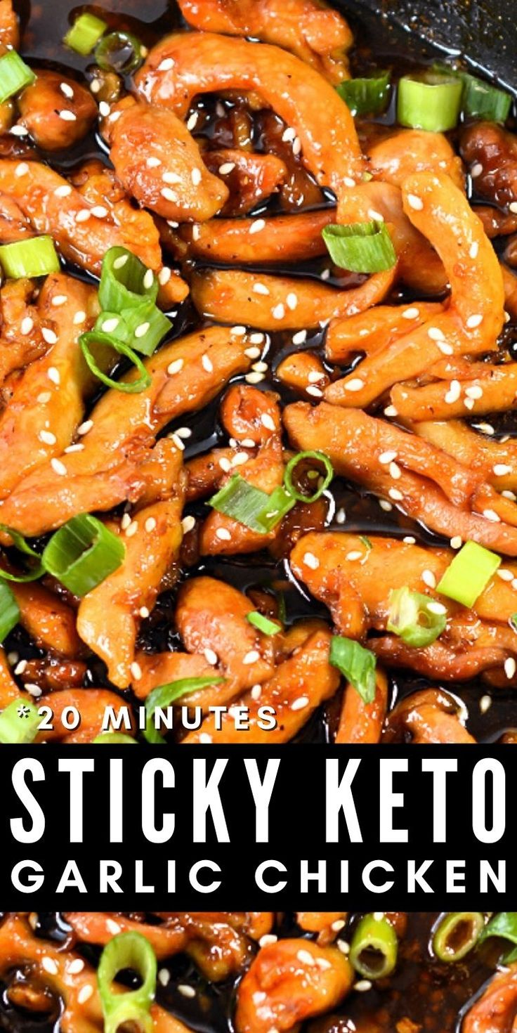 the recipe for sticky keto garlic chicken is in a skillet and ready to be eaten