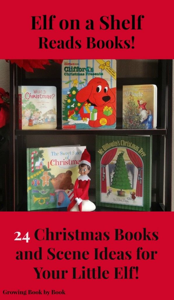 the elf on a shelf reads books, and there is a red bookcase with christmas books