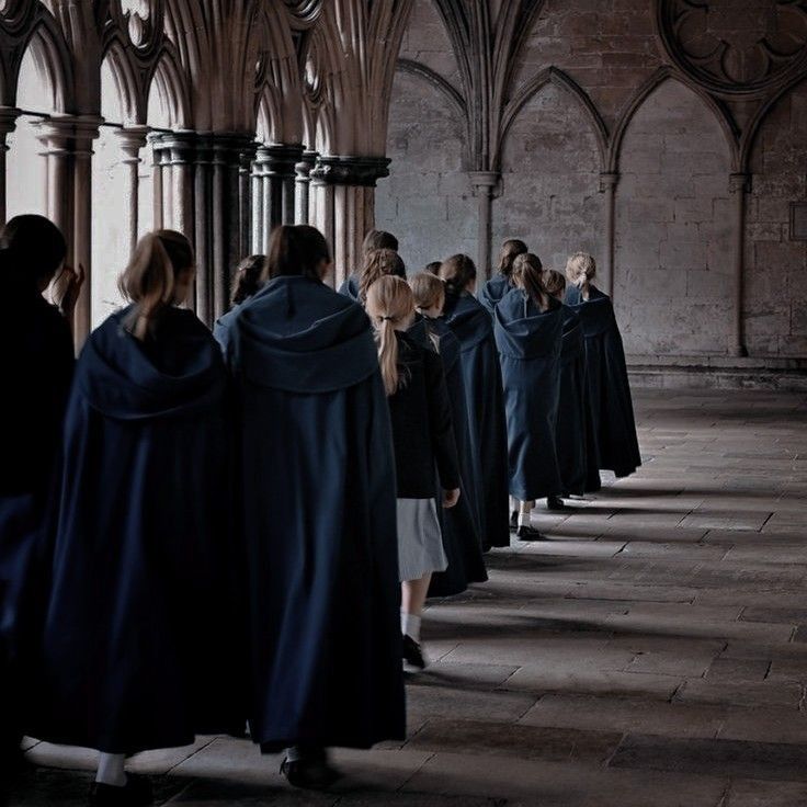 a group of people standing in a long line next to each other wearing blue robes