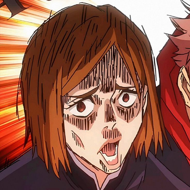 two anime characters one with red hair and the other with brown hair, staring at something