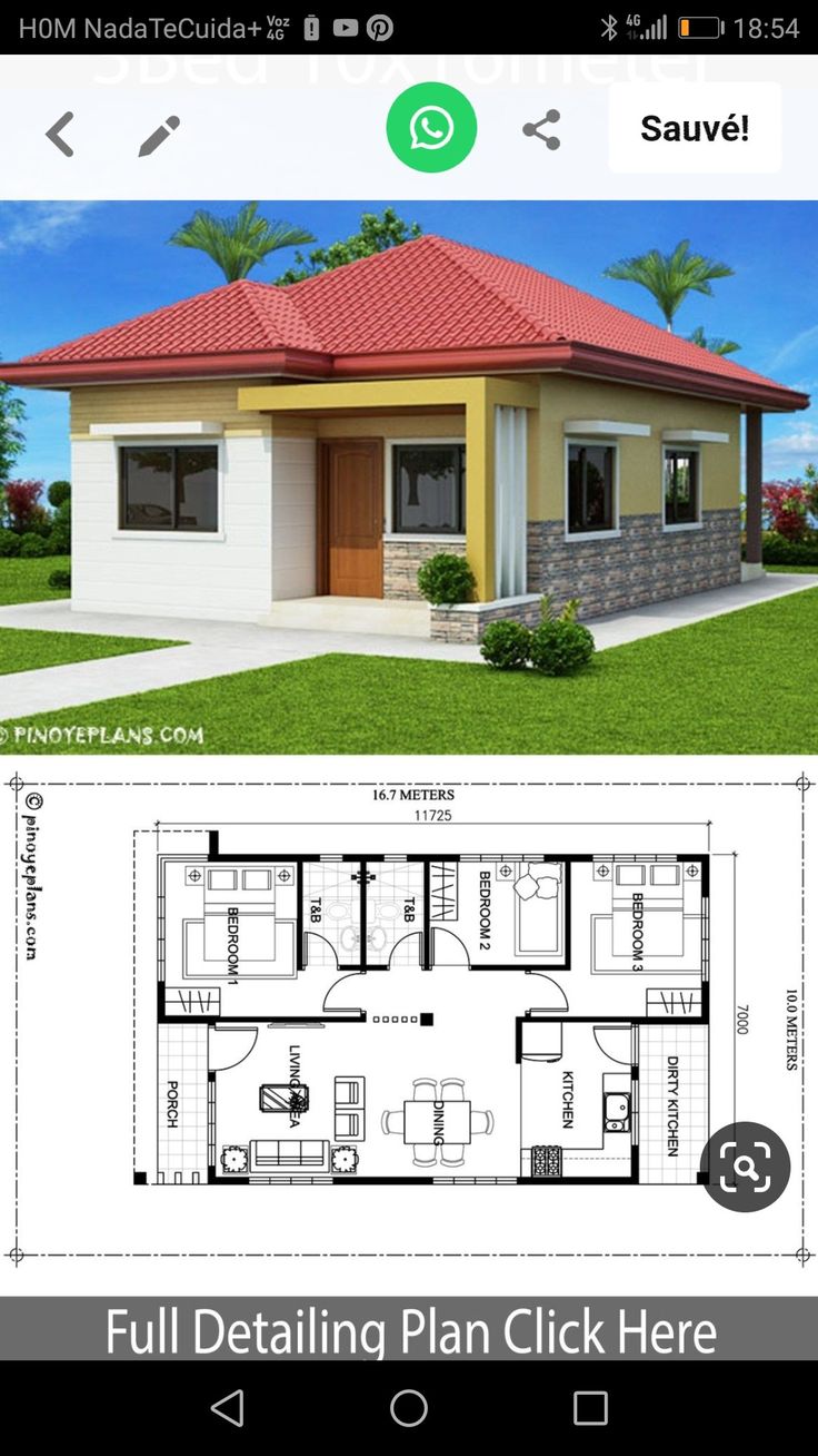 a small house with the floor plan and measurements for each room in front of it