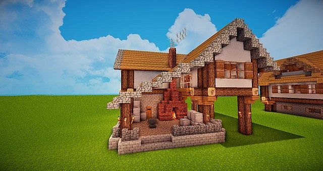 an image of a house made out of wood and bricks in the middle of a field