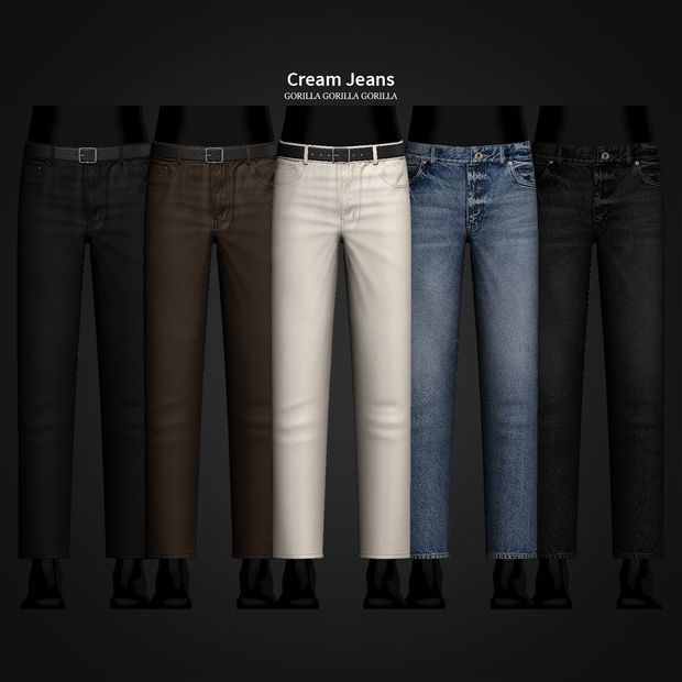 five pairs of jeans with different colors and sizes