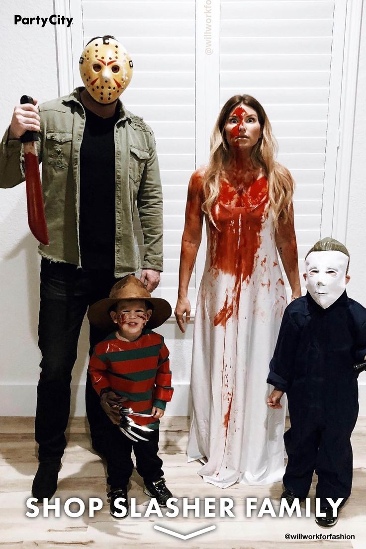 the family is dressed up as they are wearing costumes from friday's horror movies